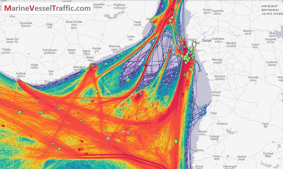 Live Marine Traffic, Density Map and Current Position of ships in GULF OF KHAMBHAT